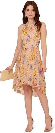 Adrianna Papell Embroidery Midi Dress Womens Dress Yellow/Orange : 12, Mesh/Nylon