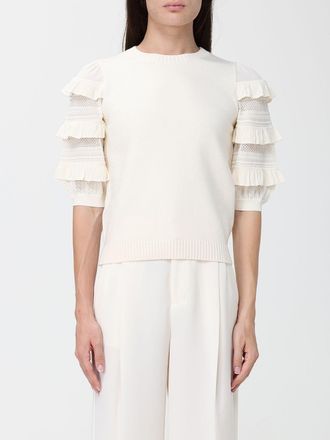 Twinset Short-Sleeved Wool Blend Jumper with Embroidery and Ruffles