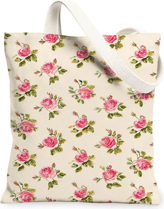 Generic Floral Canvas Tote Bags, Vintage Rose Pattern Reusable Grocery Bags, Summer Chic Lightweight Washable Shoulder Strap Canvas, Cream, 13x15 Inch