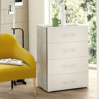 Terraneo Mueble De 4 Cajones, Gu&iacute;as Met&aacute;licas Y Tapa Con Bandeja Contenedor Frontal De Hormig&oacute;n Blanco