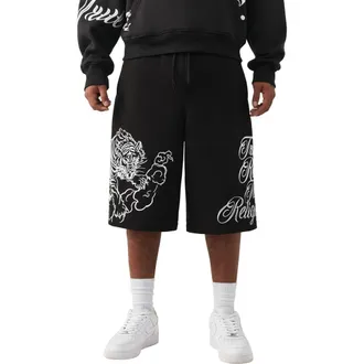 True Religion Tiger Script Drawstring Fleece Shorts in Jet Black at Nordstrom, Size Xxx-Large