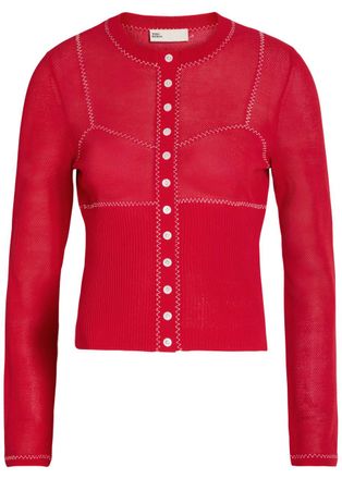 Tory Burch Embroidered Fine-knit Cardigan - Red And White - S (UK8-10 / S)