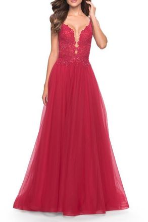 La Femme Tulle A-Line Gown with Lace Rhinestone Bodice in Red at Nordstrom, Size 16