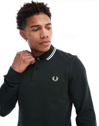 Fred Perry Polo a maniche lunghe verde scuro con doppia riga a contrasto sul colletto