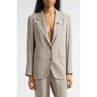 Golden Goose Journey Pinstripe Wool Blend Blazer with Lapel Pin in Roasted Cashew at Nordstrom, Size 8 Us