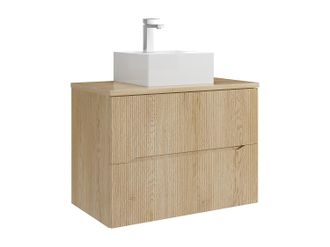Vente-Unique Mueble de ba&ntilde;o suspendido estriado con lavabo sobre encimera cuadrado y grifo - Natural claro - 80 cm - ORISO