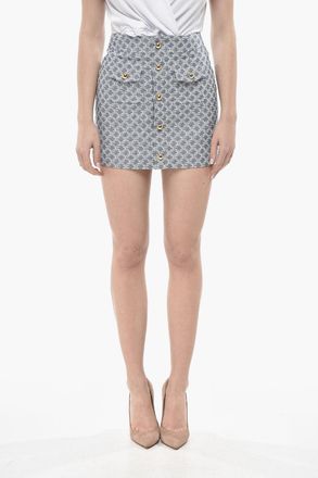 Celine Minigonna a Trapezio in Cotone Jacquard Motivo Monogram Celine