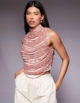 Asos Top accollato rosa polvere con perline
