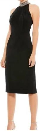 Mac Duggal Open Back Jewel Neck Halter Midi Dress In Black