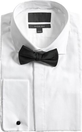 Generic White Cotton Rich Formal Pleated Dress Shirt with French Cuffs and Black Bow Tie (UK, Alpha, 3XL, Regular, Regular, White)