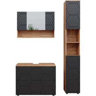 Vicco Set mobili bagno Irma, Antracite a righe, 3 pezzi, con mobile a specchio 80 cm