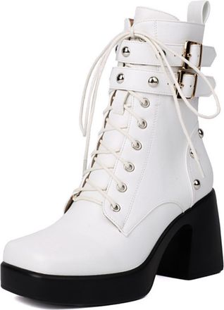 Generic Womens Chunky Heel Platform Ankle Boots With Double Buckle Lace-Up Metal Studs Square Toe Style For Daily Streetwear Night Out,White,4.5 UK