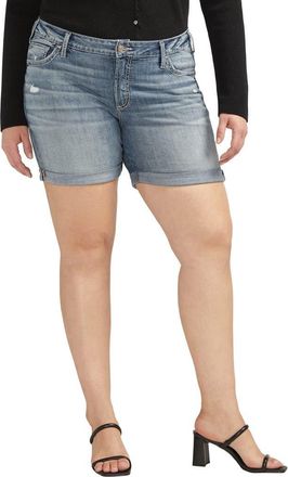 Silver Jeans Co Distressed Luxe Stretch Boyfriend Roll Cuff Denim Shorts in Indigo at Nordstrom, Size 12W