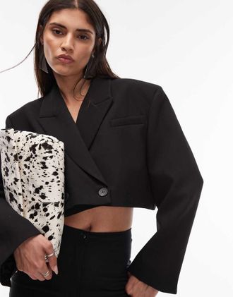 Asos Blazer corto squadrato doppiopetto nero con spalle imbottite