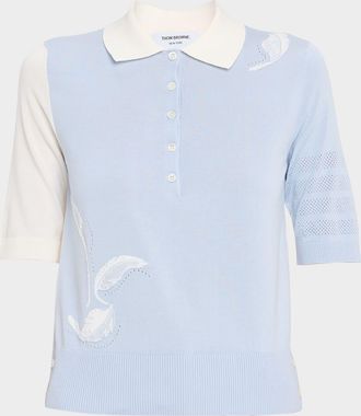 Thom Browne Funmix Feather Jersey Short-Sleeve Polo Sweater