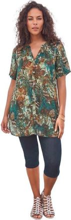 Roaman's Plus Size Angelina Crinkle Crepe Y-Neck Short Sleeve Tunic in Orange Painted Flowers at Nordstrom, Size 14