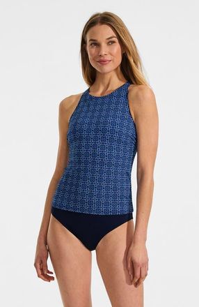 Lands End Tugless High Neck Strappy Back Tankini Swimsuit Top in Navy Mosaic Mini Tile at Nordstrom, Size 14