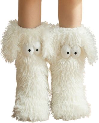 Generic Muffle Friends Cozy Socks, Womens Winter Warm Fuzzy Non-Slip Slipper Socks with Cute Big Eyes, Thick Fleece Home Floor Socks (White)