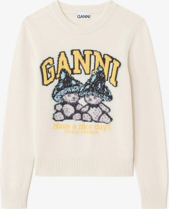Ganni White Sweater with Mushroom Teddy - Size XXS Wool