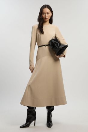 Karen Millen Womens Twill Drop Waist Detail Long Sleeve Belted Woven Midi Dress - Beige Lyocell - Size 10 UK