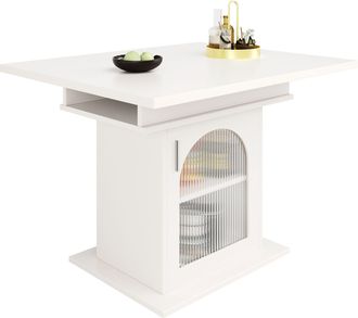 STILVORA Mesa De Comedor Para 6 A 8 Personas Con Extension, 3 Estantes Ajustables Y Puertas De Vidrio, Mdf, 110-140 X 80 X 76 Cm, Blanco