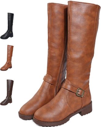 Generic Knee High Boots for Women Wide Calf, Low Heel Flat Riding Boots, Brown Leather Long Boots with Side Zipper, Comfortable Daily Wear (3.5,Yellow)