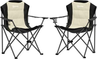 OUTSUNNY Conjunto De 2 Sillas Plegables Camping Acolchado Con Respaldo Alto Portavasos Y Bolsas De Transporte Para Acampada Jard&iacute;n Crema Y Negro