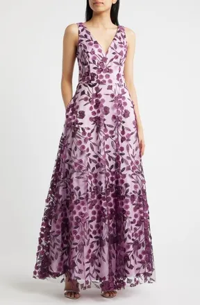 Eliza J Floral Appliqu&eacute; Sleeveless Gown in Plum Combo at Nordstrom, Size 8