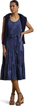 Lauren Ralph Lauren Print Belted Slub Jersey Tiered Dress Womens Dress Blue : SM, Cotton/Modal