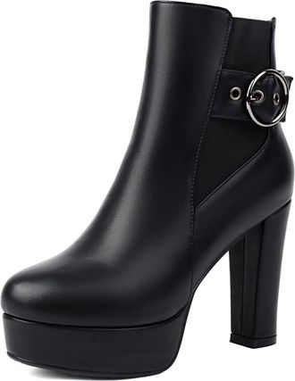 Generic Womens Ankle Boots Shiny Faux Leather Platform Chunky Block Heel Metal Buckle Strap Side Zipper Stylish Evening Party Prom Daily Casual Fashion Footwe