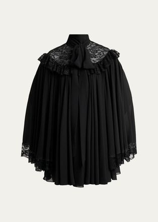 Chlo&eacute; Pleated Floral Lace Tie-Neck Mini Dress