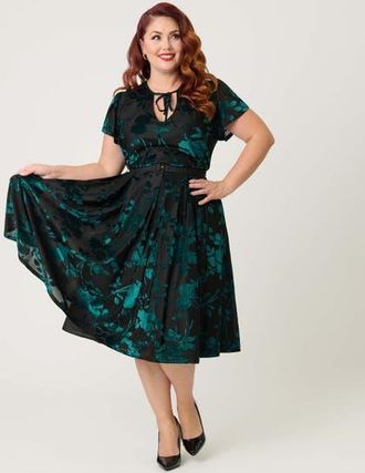 Unique Vintage Plus Size Short Petal Sleeve Tie Neck Dahlia Swing Dress in Teal at Nordstrom, Size 4X
