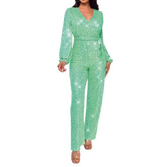 Generic Wedding Guest Jumpsuit Womens Sequin Jumpsuit Clubwear Glitter Shiny Wrap V Neck Sexy Long Sleeve Romper Straight Wide Long Pants Ladies Linen Jumpsui
