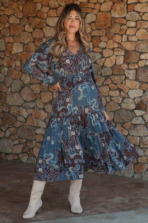 Pinkblush Paisley Print Smocked Waist Tiered Midi Dress in Teal at Nordstrom, Size Small