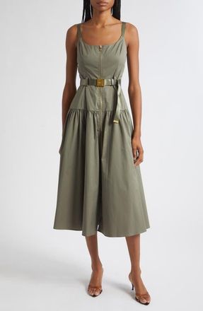 L'agence Rima Belted Front Zip Midi Dress in Smokey Olive at Nordstrom, Size 12