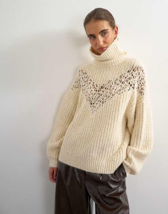 Topshop maglione lavorato a maglia a collo alto a coste con dettagli in pizzo color avorio-Bianco