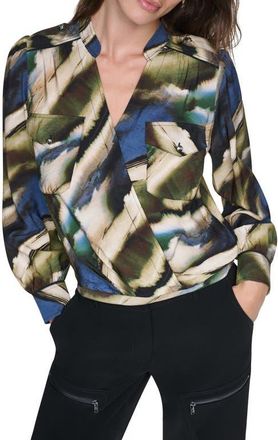 DKNY Print Surplice Top in Brushed Riverside at Nordstrom, Size X-Small