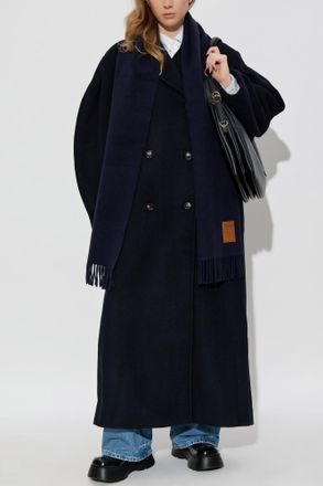 Ganni Long Wool Coat, Womens, Navy Blue