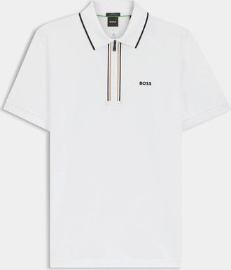 HUGO BOSS Mens BOSS Green Philix Mens Slim Fit Zip Polo Shirt in Moisture-Wicking Stretch Cotton - White 100 - Size: 42