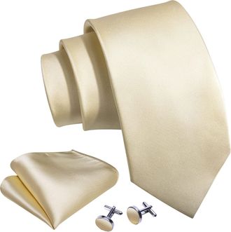 Barry.Wang Beige Tie Mens Silk Satin Necktie Pocket Square Cufflinks Set Wedding Formal