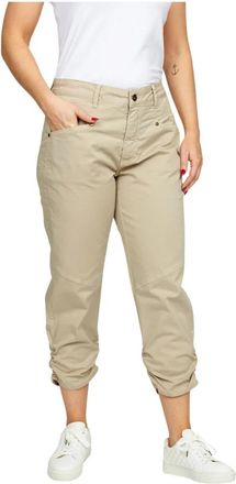 2-Biz Cropped broek met gerimpelde onderkant en zakken - Dames - Vrijetijds broeken - Beige - XS - Katoen - Broeken