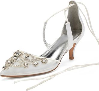 Generic Wedding Shoes Women Pointed Toe Heels Bridal Stiletto Low Heels Shoes Ankle Strap Office Party Wedding Dress Shoes 6Cm,Ivory,7 UK