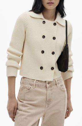 Mango Double Breasted Rib Sweater Jacket in Ecru at Nordstrom, Size Large