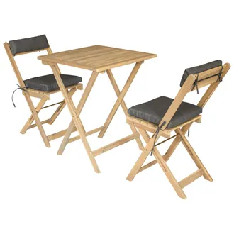 Happy Garden Conjunto de mesa y sillas para 2 plazas en acacia y cojines grises