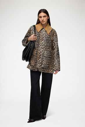 Ganni Brown Leopard Printed Canvas Midi Jacket - Size XXS/XS Organic Cotton