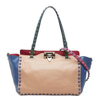 Valentino Beige Blue Leather Shoulder Bag Tote Bag (Pre-Owned)