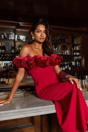 Oasis Womens Diamante Velvet Ruffle Bardot Bodycon Midi Dress - Burgundy - Size 10 UK