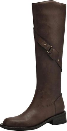 Generic Womens Cow Split Leather Round Toe Medium Heels Riding Boots Punk Design Zip Metal Buckle Knee-High Boots