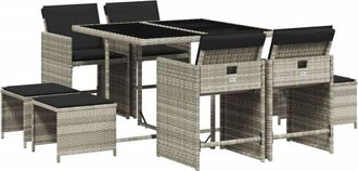 vidaXL Vidaxl - Set Comedor De Jard&iacute;n 9 Pzas Cojines Rat&aacute;n Sint&eacute;tico Gris Claro