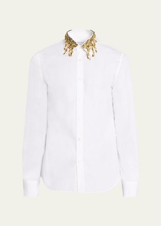 Alexander McQueen Mens Metal Leaves and Crystal-Embellished Collar Poplin Dress Shirt